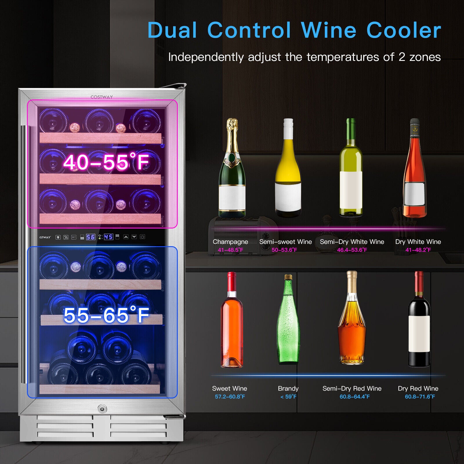 Great Choice Products 30-Bottle Freestanding Wine Cooler 15 In Dual Zones Wine Cellar With Glass Door