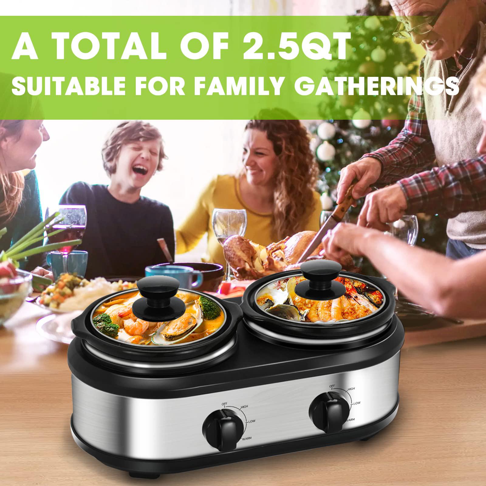 ZOKSUN double slow cooker, 2 x 1.25qt mini individual pots with adjustable temp, dishwasher safe, portable buffet server and warmer,