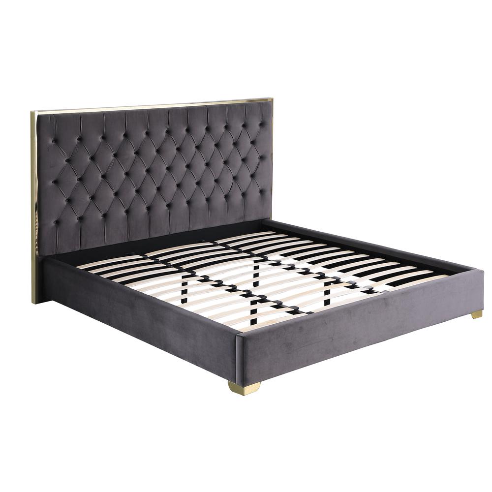 Best Master Furniture Kressa Velour Fabric Tufted King Platform Bed in Dark Gray/Gold