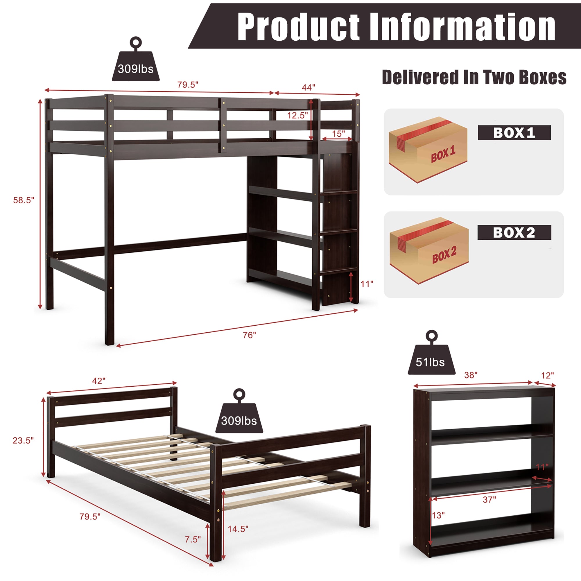 Costway Twin Over Twin Loft Bunk Bed Wood w/Bookcase Guardrail Ladder Kids Bedroom
