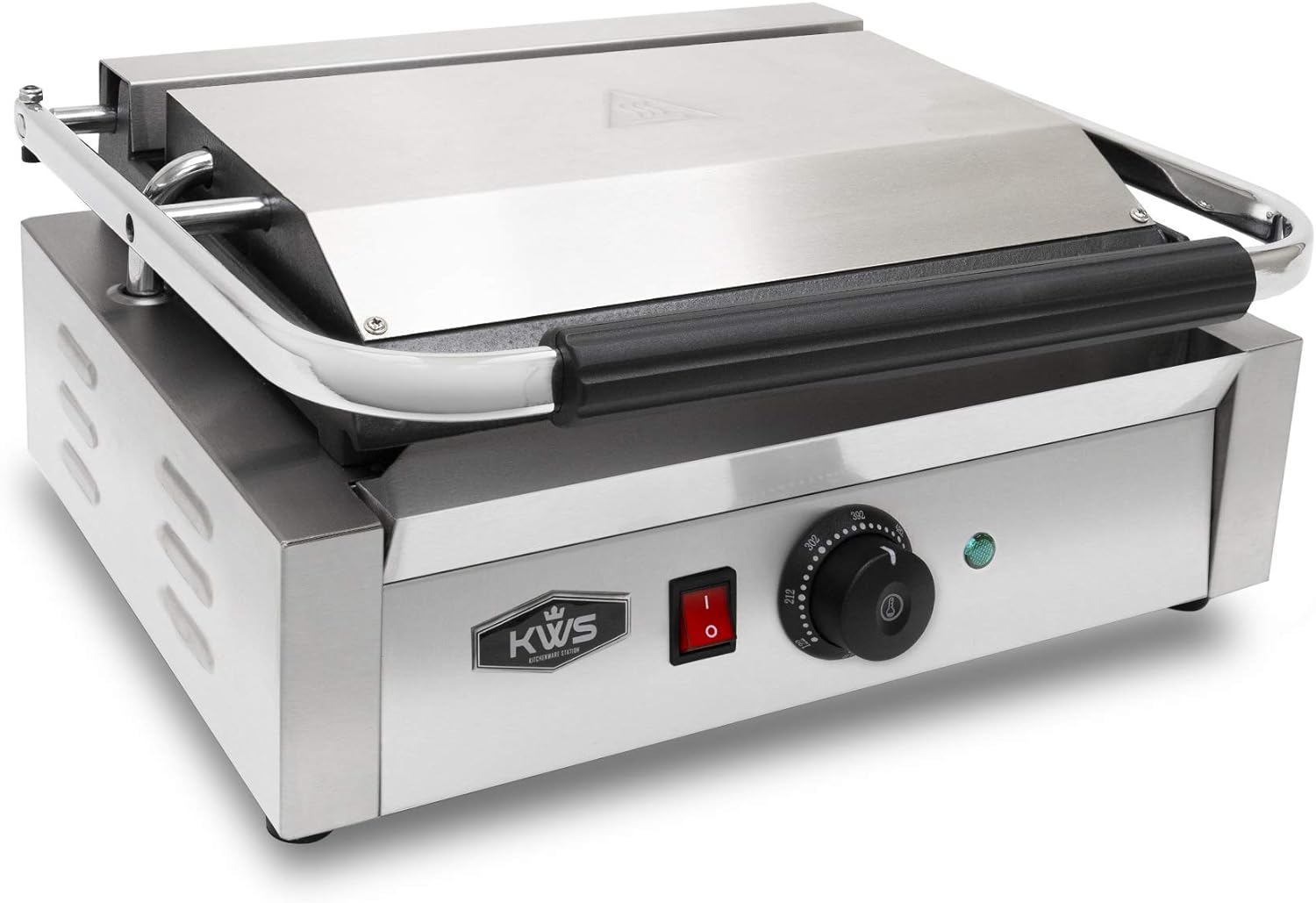 KWS KitchenWare Station PM-17 Premium 110V Electric Commercial 1700W Panini Grill with Grooved Plates - 13.5