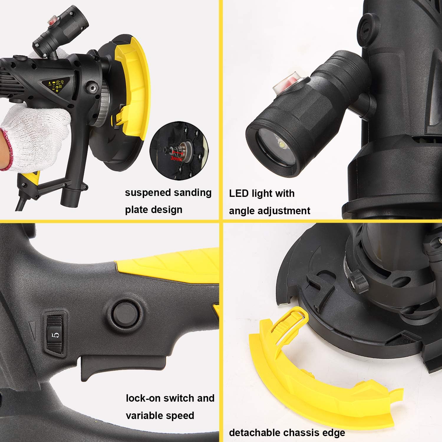 CUBEWAY Electric Drywall Sander with Vacuum, Variable Speed and 26FT Power Cord, Drywall Sanding Machine with Extra Mesh Sanding Discs