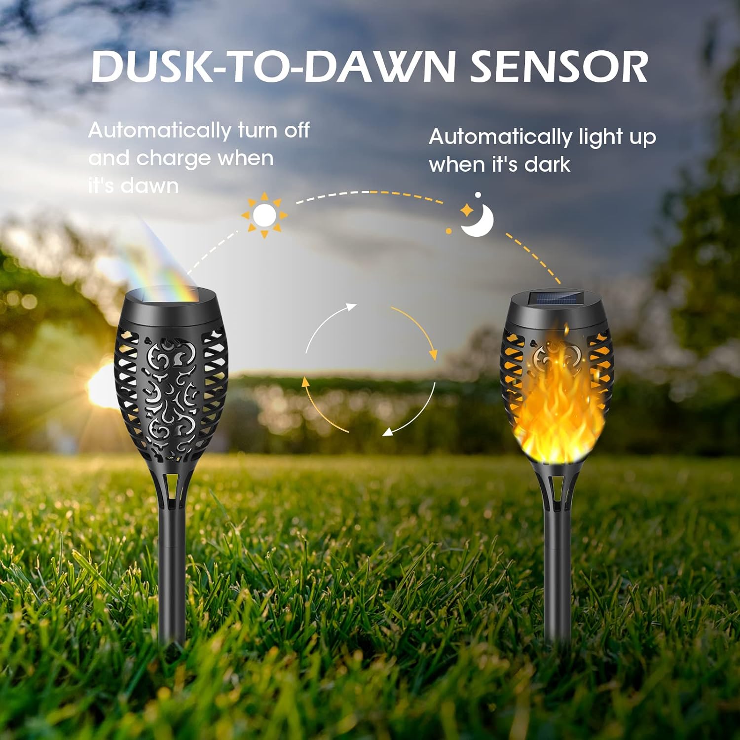 REEGOLD Solar Outdoor Flame Torch Lights: LED Tiki Torches with Flickering Flames for Christmas Halloween Garden Yard Patio Decor | IP6