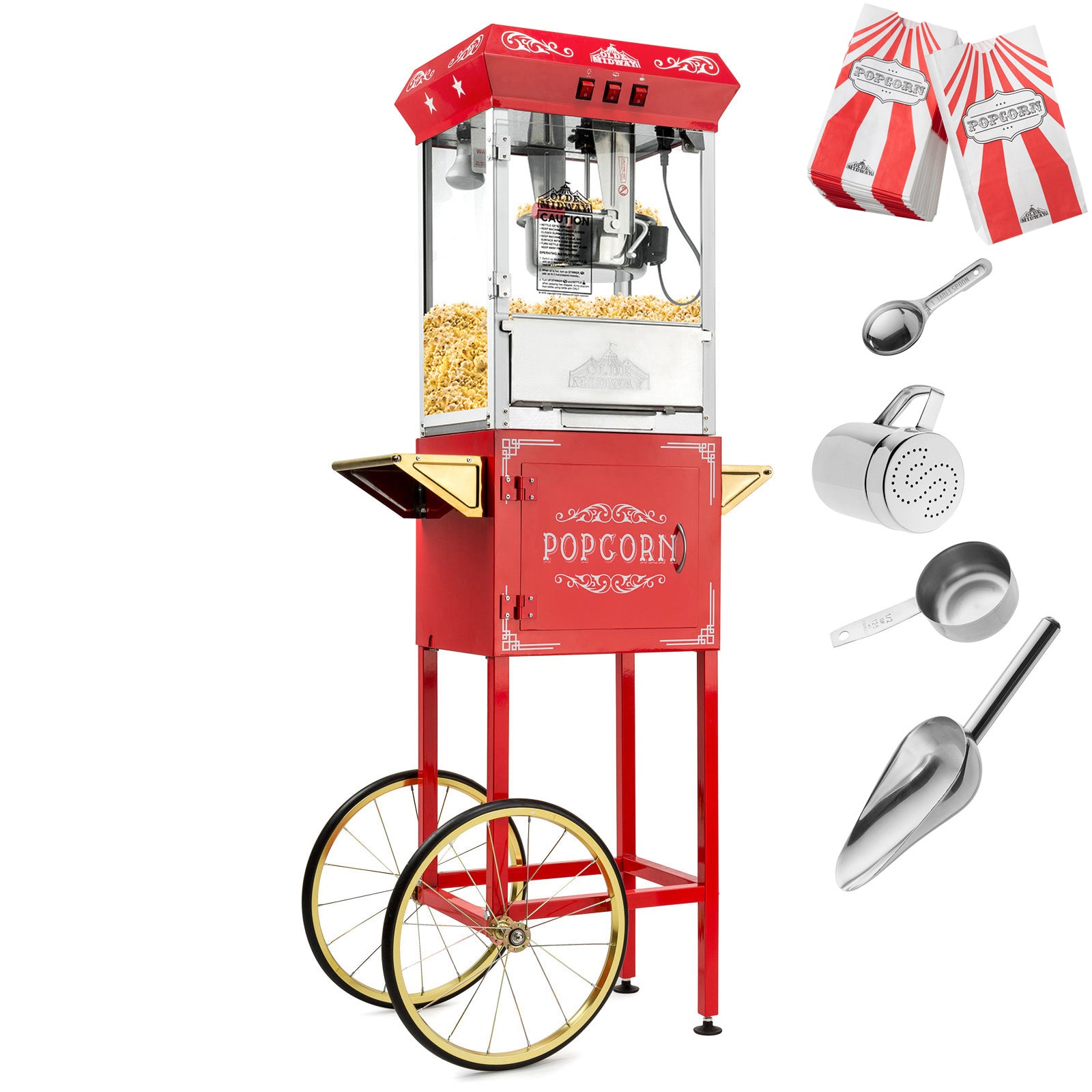 Olde Midway Vintage Style Popcorn Machine Maker Popper with Cart and 8-Ounce Kettle - Red