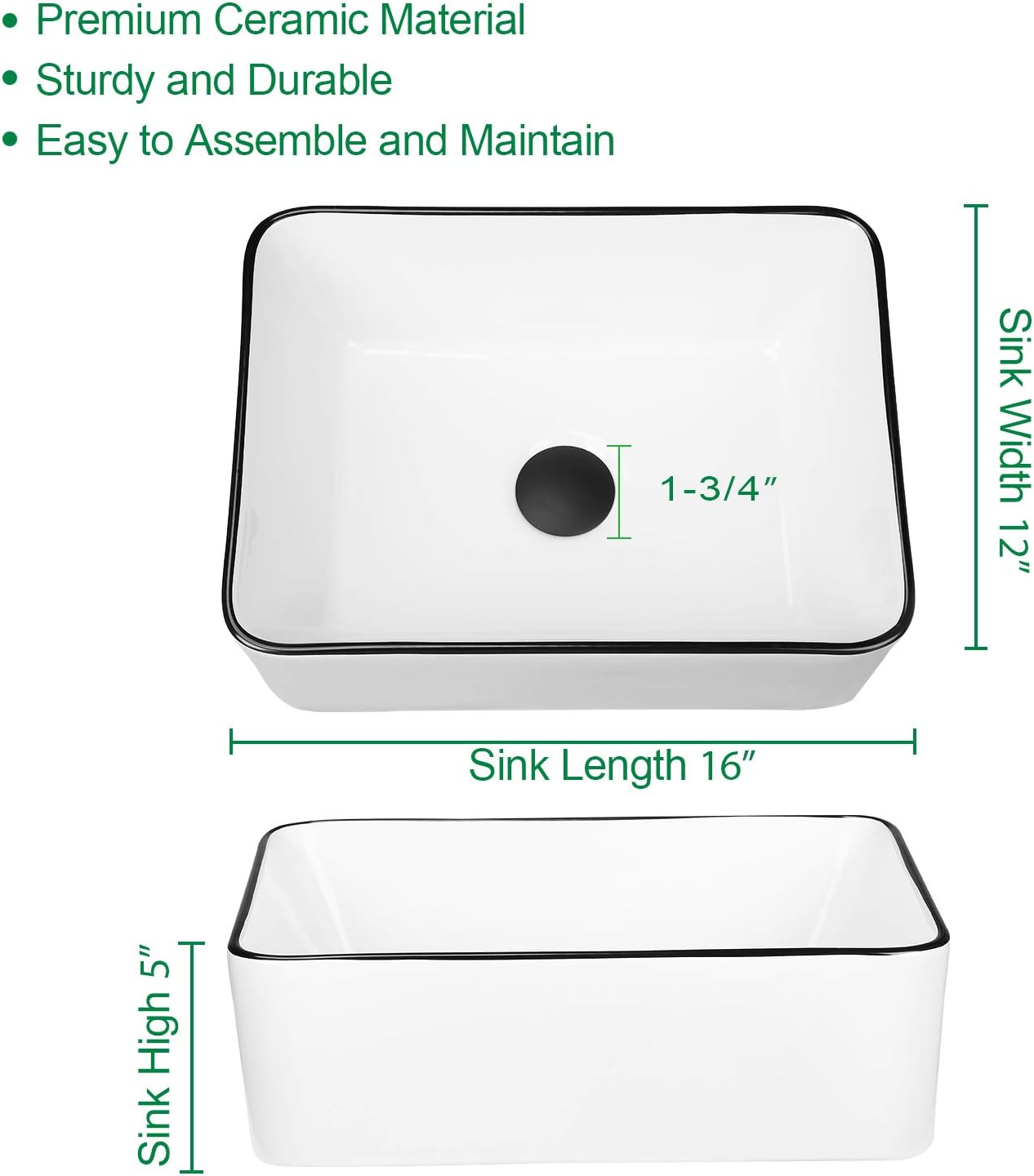 KSWIN Ceramic Rectangular Bathroom Vessel Sink, White Body with Black Trim on The Top, Above Counter Vanity Sink include Faucet Combo