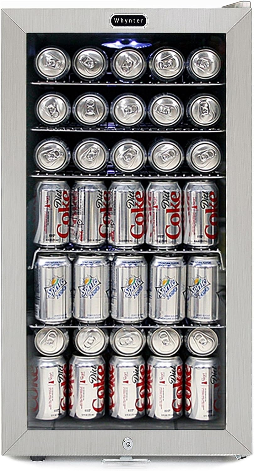 Whynter Beverage Refrigerator With Lock, 120 12oz Cans, Stainless Steel &a; White