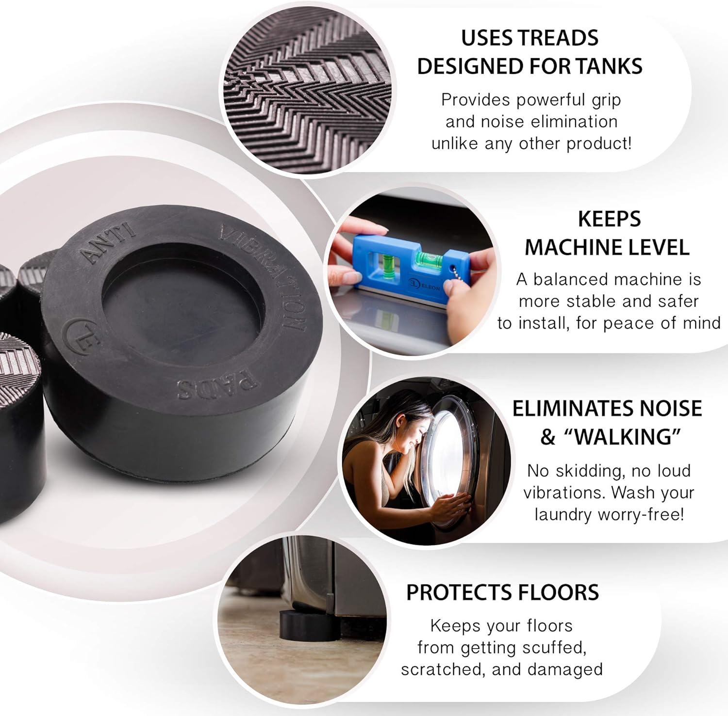 Empire of Electronics Anti Vibration Pads with Tank Tread Grip, 4 Pads + Level - Washer