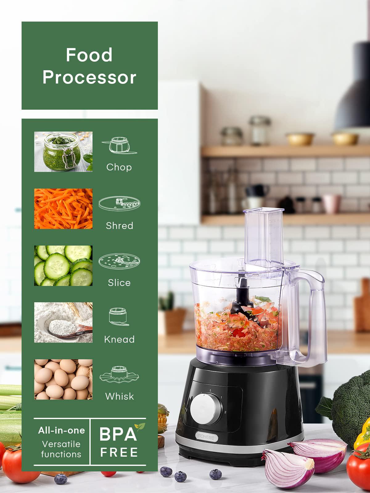 fohere food processor 8 cup food chopper with five stainless steel &a; bpa free accessories - chopping, slicing, shredding and