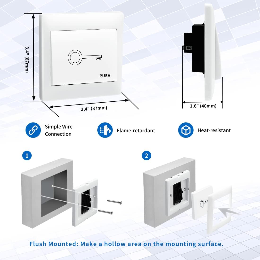 TOPENS TC147 Wall Push Button Flush Mounted Wired Release Switch for Automatic Gate Opener, Door Access Control System and Doorbell Sy