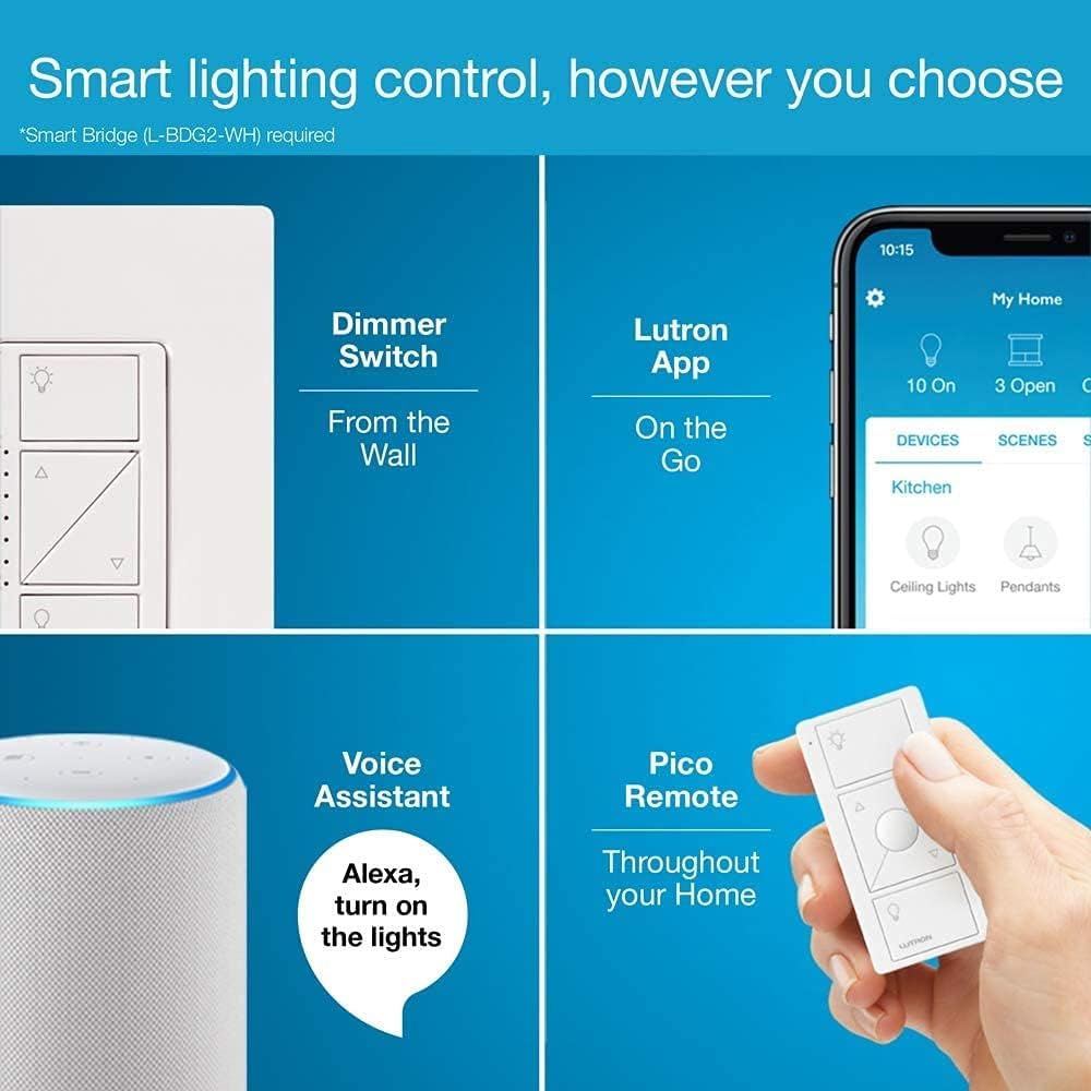 Lutron Cas&a;#195;&a;#169;ta Wireless Smart Lighting Dimmer Switch for Wall and Ceiling Lights with Wall Plate | PDW-6WCL-WH-A | W