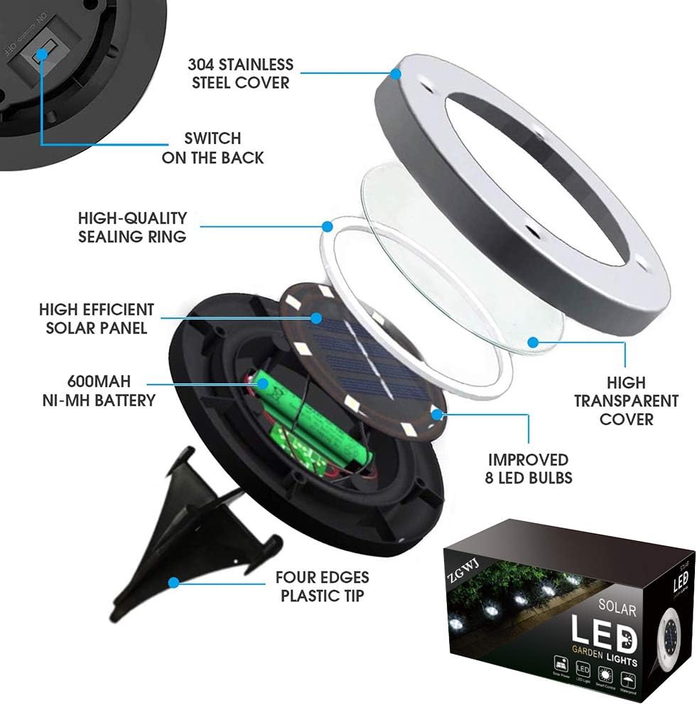 ZGWJ Solar Ground Lights,8 LED Solar Garden Lights Disk Lights Outdoor Waterproof Landscape Lights for Yard Walkway Patio Lawn Drive