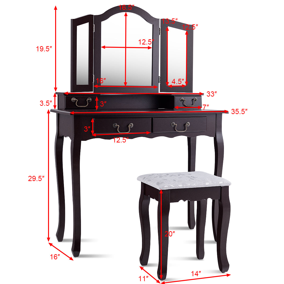 Topbuy 2-in-1 Vanity Table Set w/Tri-fold Mirror Drawers &a;Padded Stool Black/Brown/ White