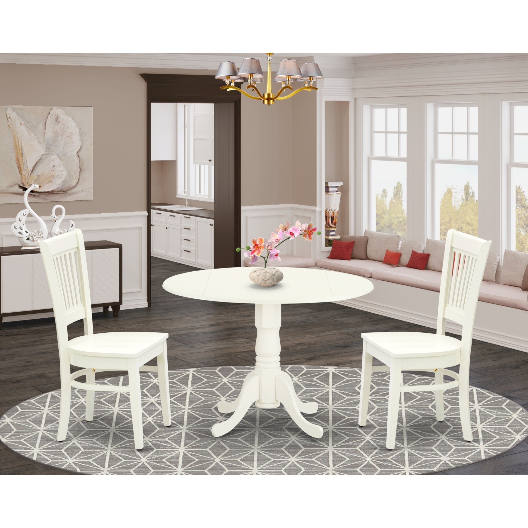 East West Furniture - DLVA3-LWH-W - 3-Piece Dining Table Set- 2 Kitchen Chairs with Wooden Seat and Slatted Chair Back - Drop