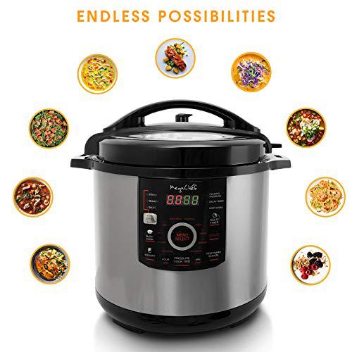 megachef 12 quart digital pressure cooker with 15 preset options and glass lid