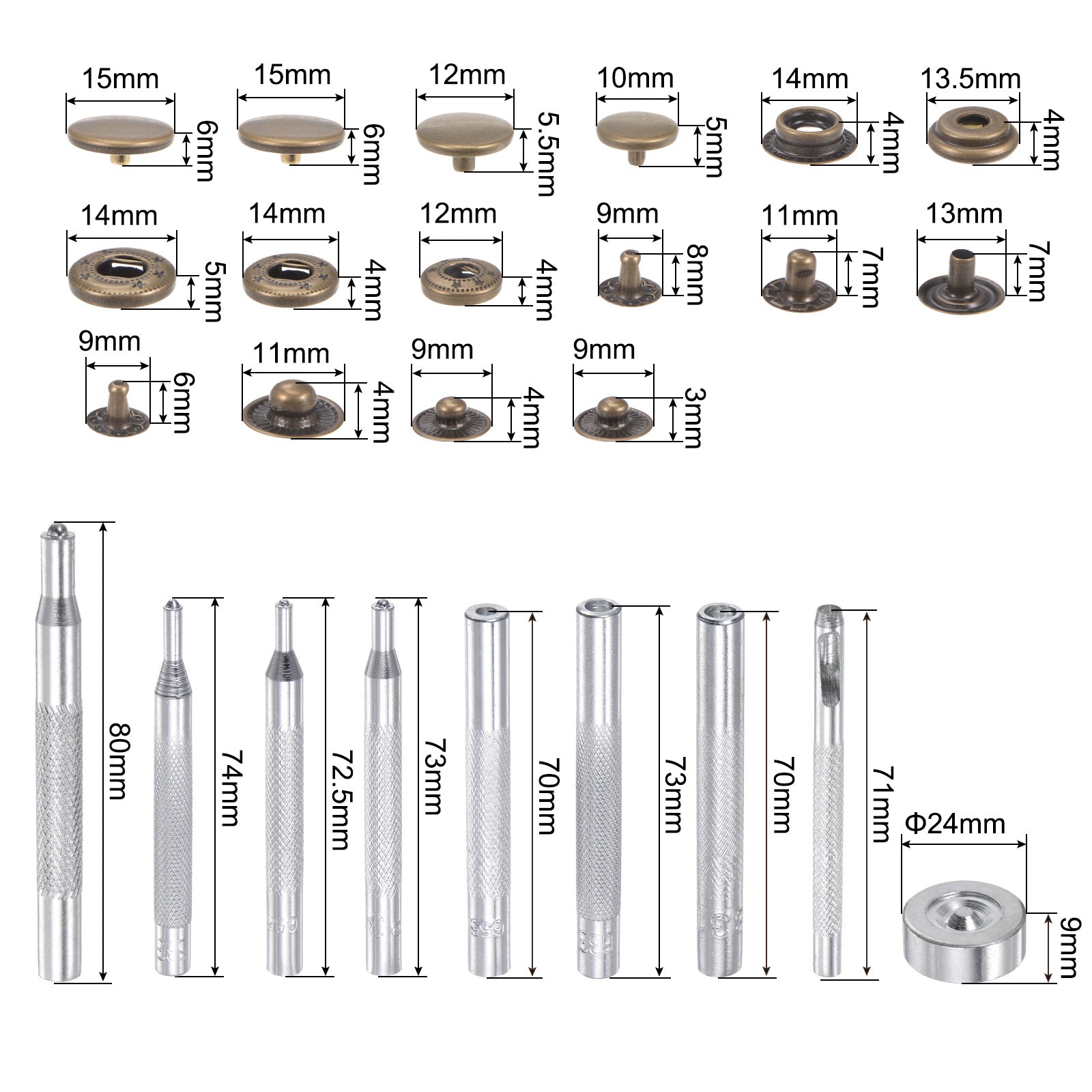 Unique Bargains 40 Sets Snap Fasteners Kit 4 Type Copper with 9 Setter Tools &a; Box, Bronze