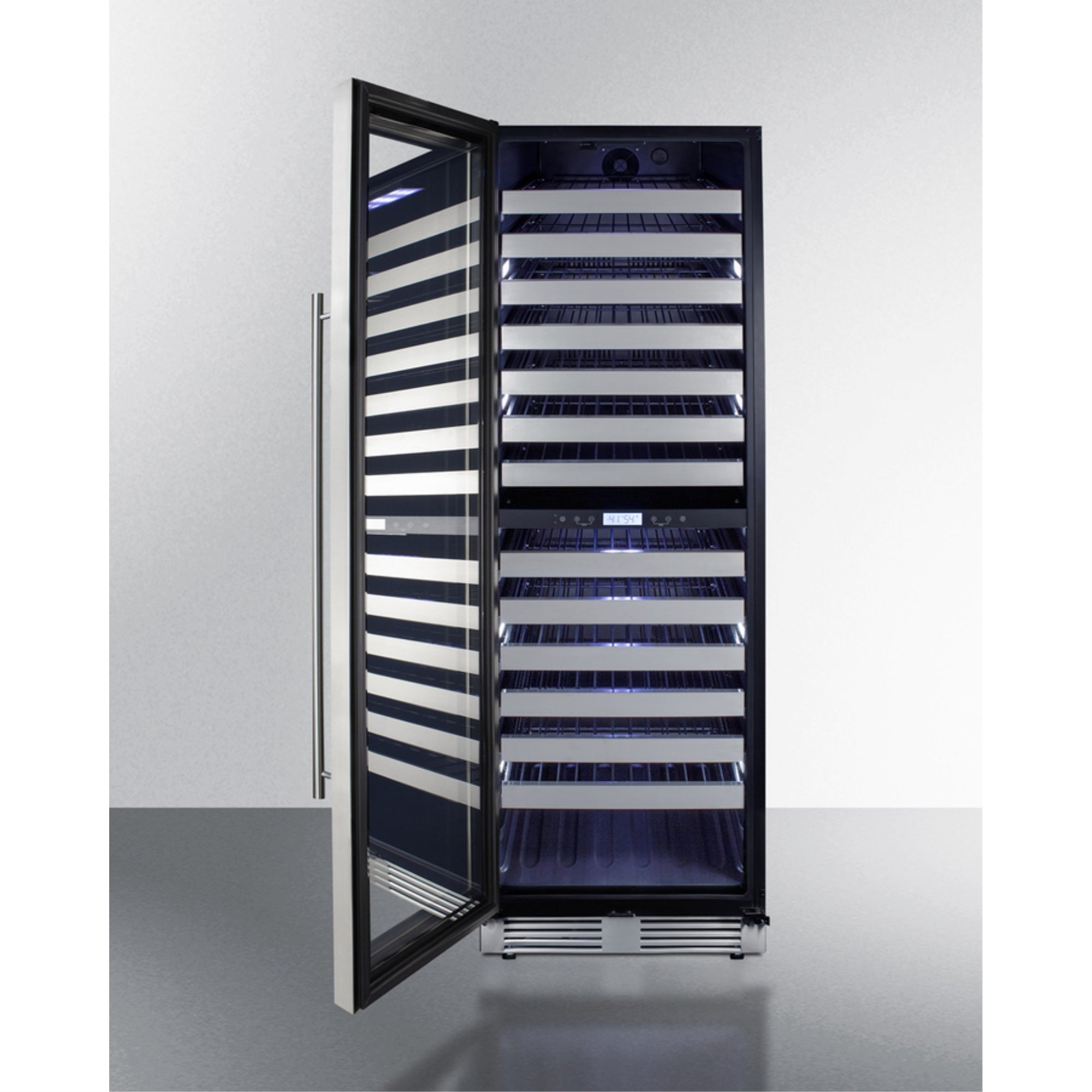 Summit Commercially approved dual zone wine cellar for built-in or freestanding use with seamless stainless steel door and full-exten