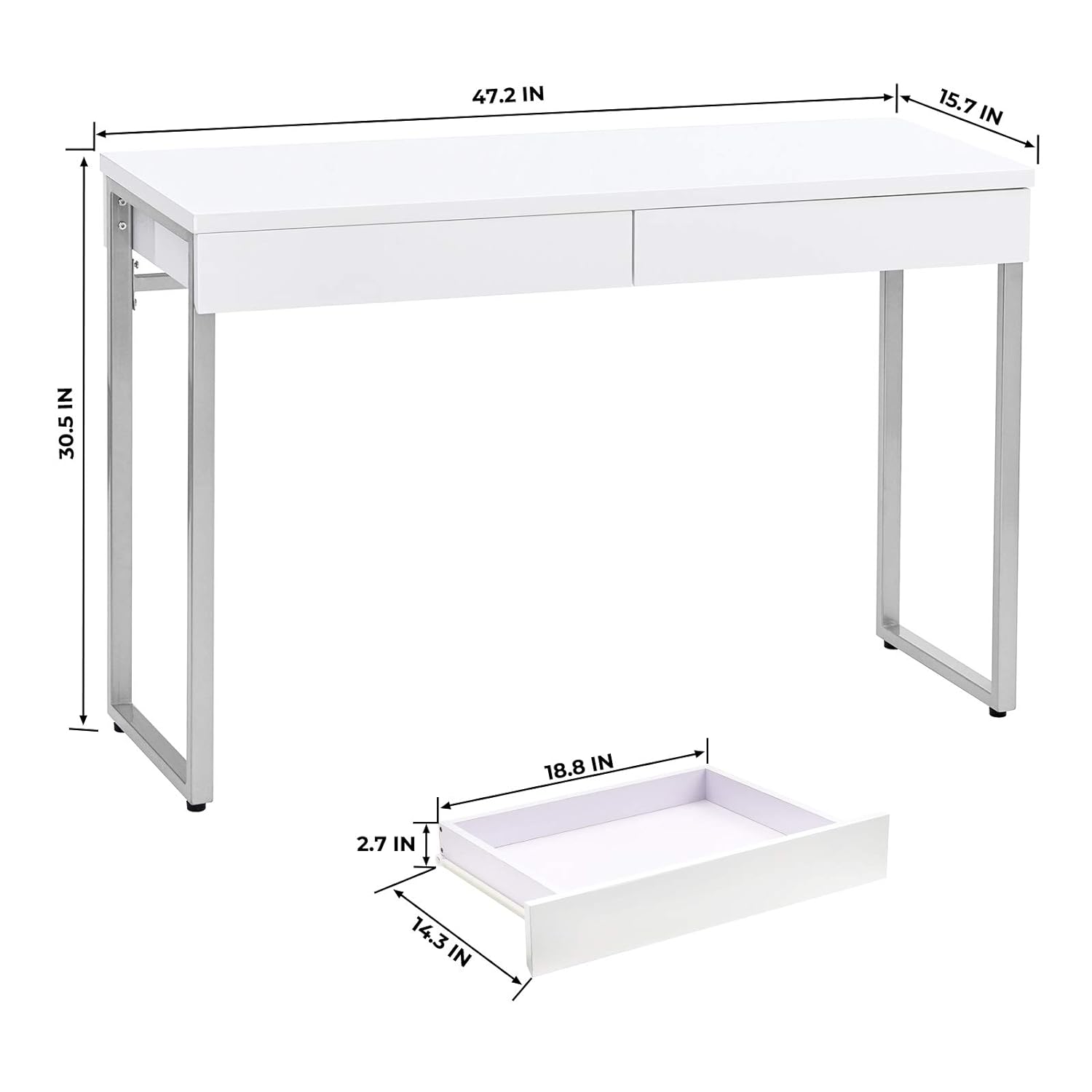 Great Choice Products Vanity Desk With 2 Drawers Glossy White 47 Inch Modern Home Office Computer Writing Desk Makeup Dressing Table With Metal Sil…