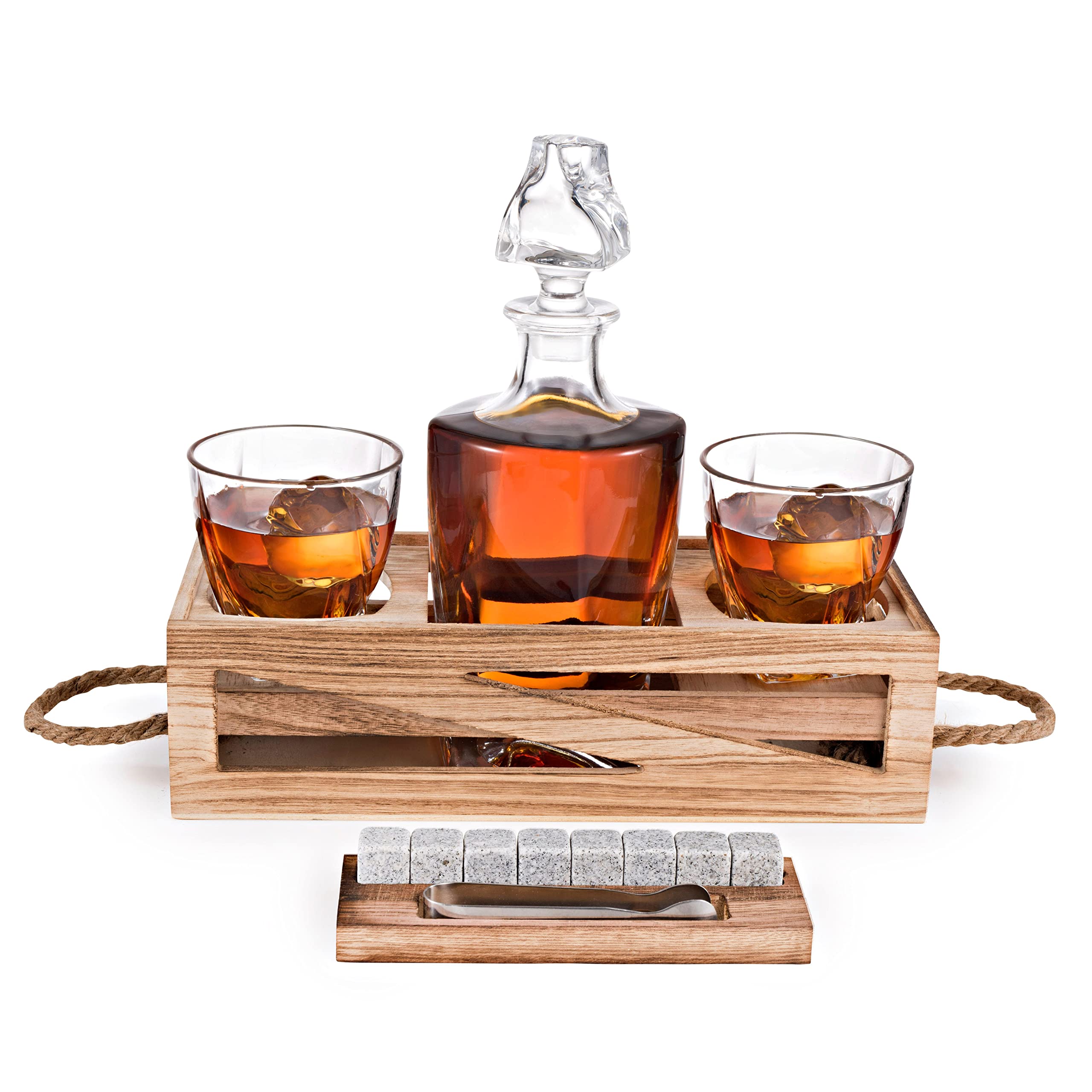 Bezrat Whiskey Decanter Gift Set - Husband Birthday Gifts Chilling Rocks Stones Scotch Bourbon Holder - 2 Whiskey Glasses - Perfect Whi