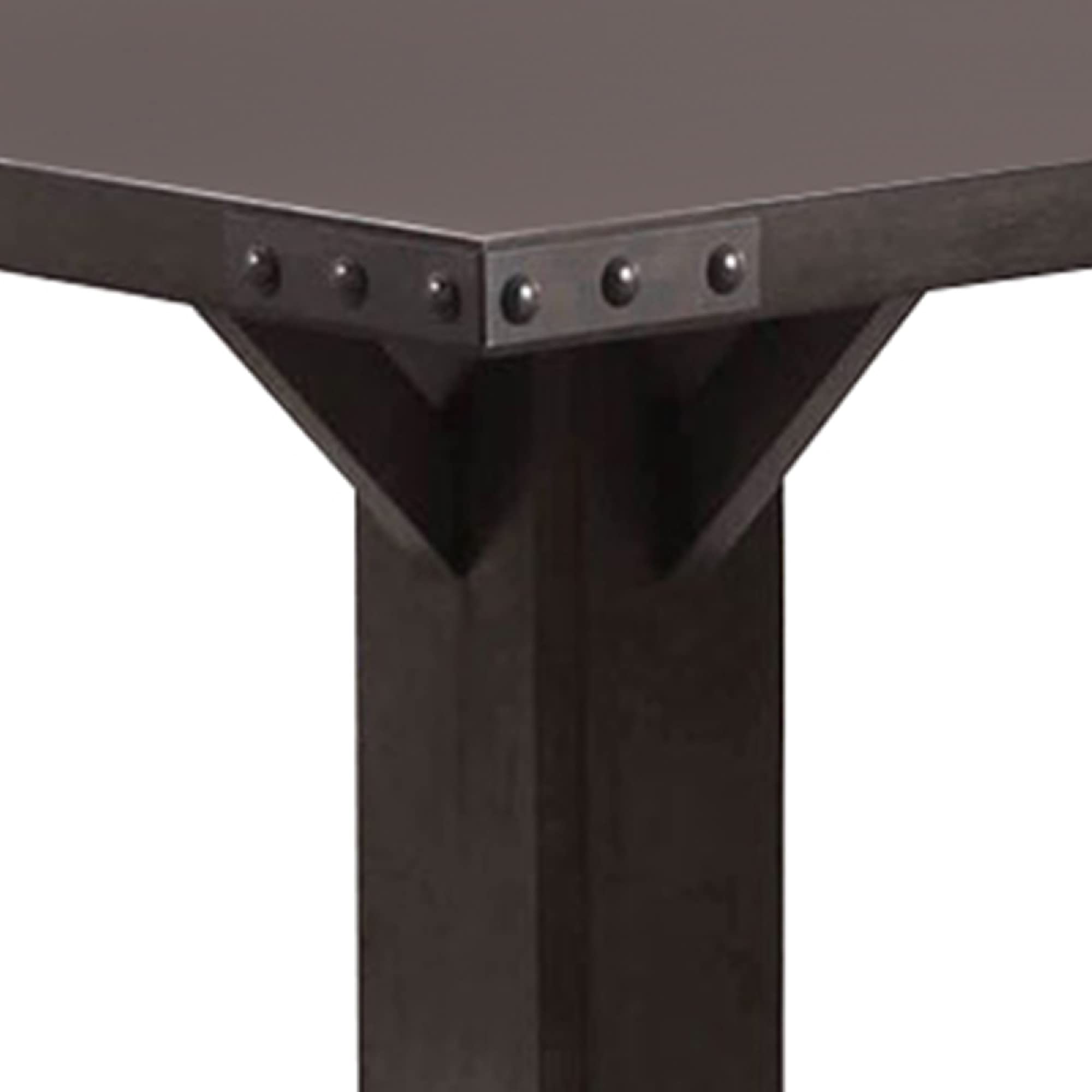 Benjara Square Wooden Dining Table with Pedestal Base and Metal Accents, Brown
