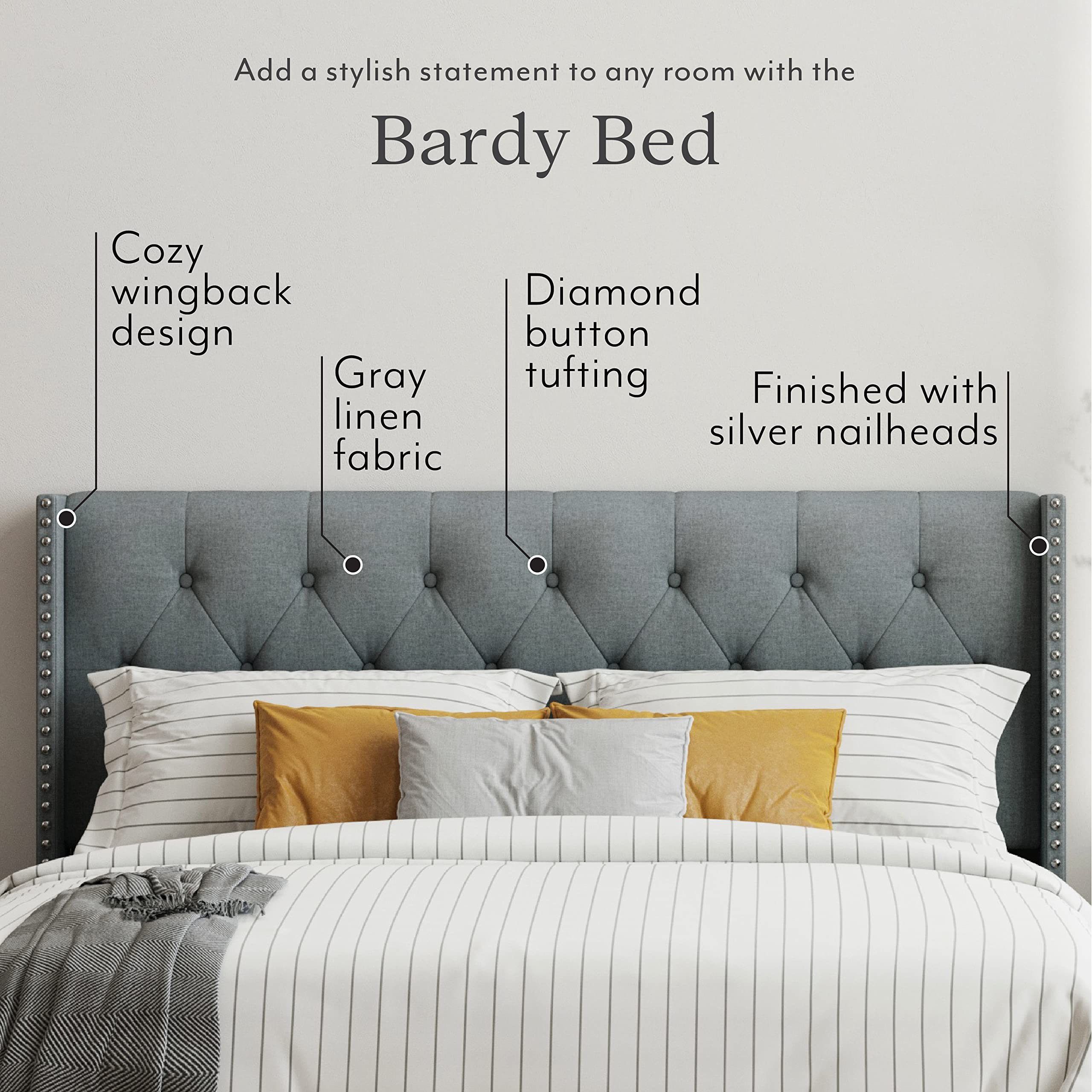 DG Casa Bardy Wingback Headboard Panel Bed Frame - Diamond Button Tufted with Nailhead Trim - Upholstered King Size Bed Frame in