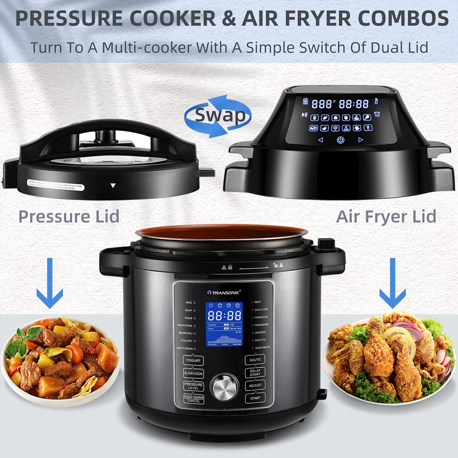 T Transonic transonic opa160 pressure cooker air fryer combo, 6 quart 1500w multi cooker , all in 1 pressure cooker with air fryer lid, l