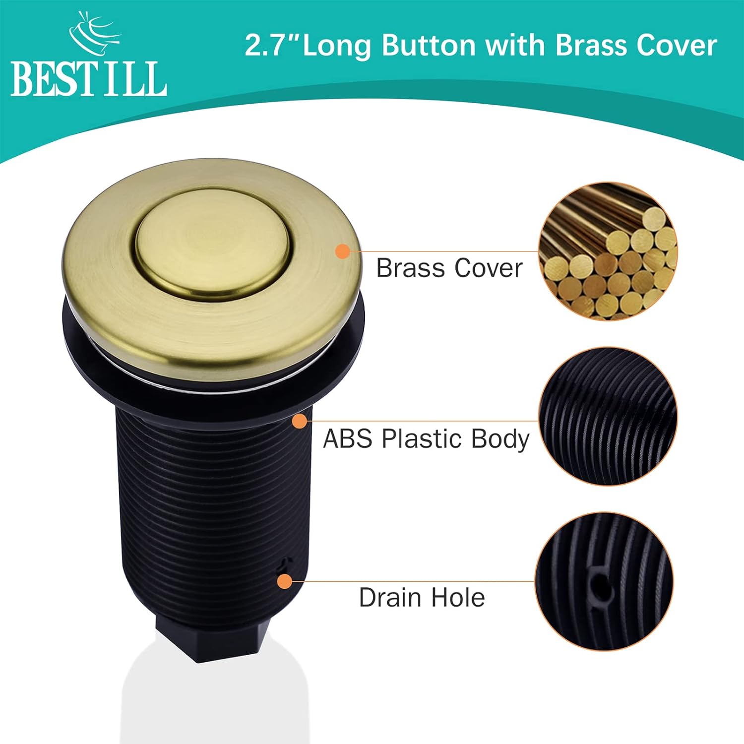 BeStill Sink Top Garbage Disposal Air Switch Button with Air Hose, Brushed Gold-Long Button with Brass Cover