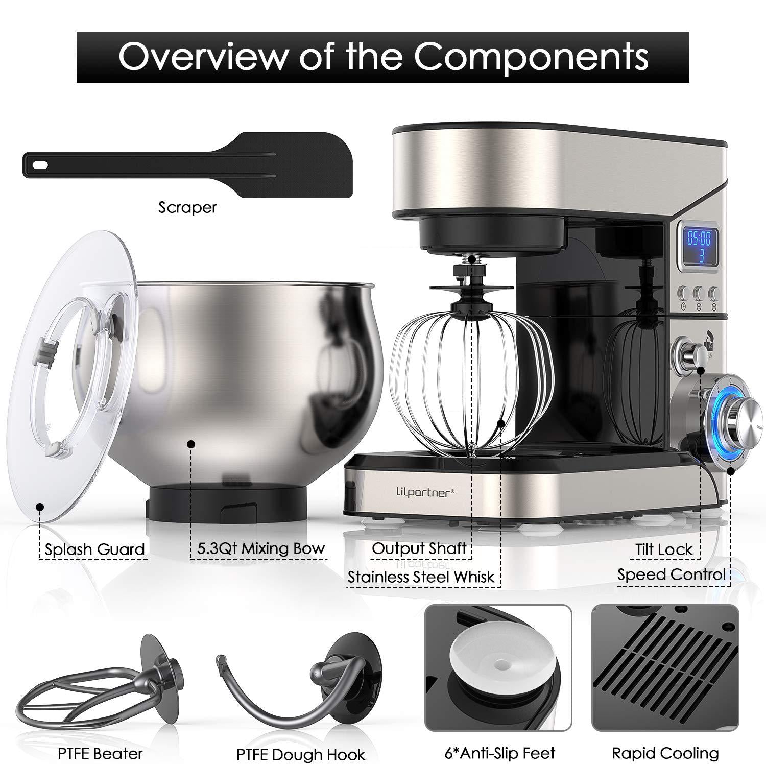 LiLpartner stand mixer, 1200w stainless steel mixer 5.3-qt lcd display food mixer, 6+p speed itchen electric mixer tilt-head mixer with
