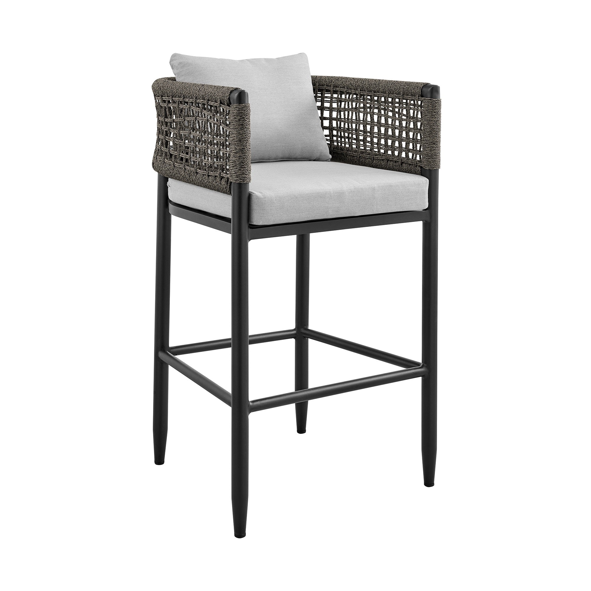 Armen Living Felicia Outdoor Patio 5-Piece Bar Table Set in Aluminum with Grey Rope and Cushions