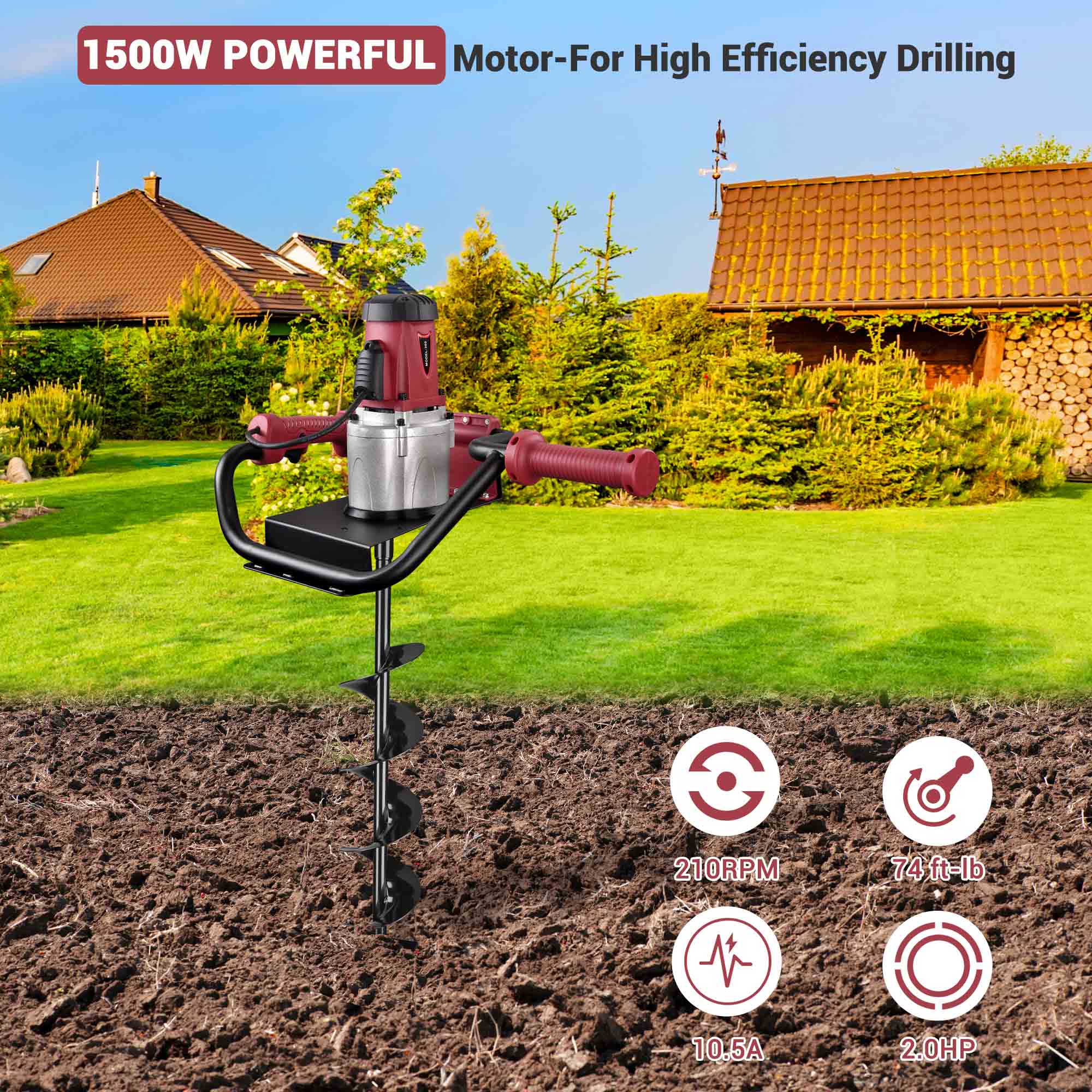 Yescom 1500W Electric Post Hole Digger Earth Auger Drill Plant Soil Powerhead 6