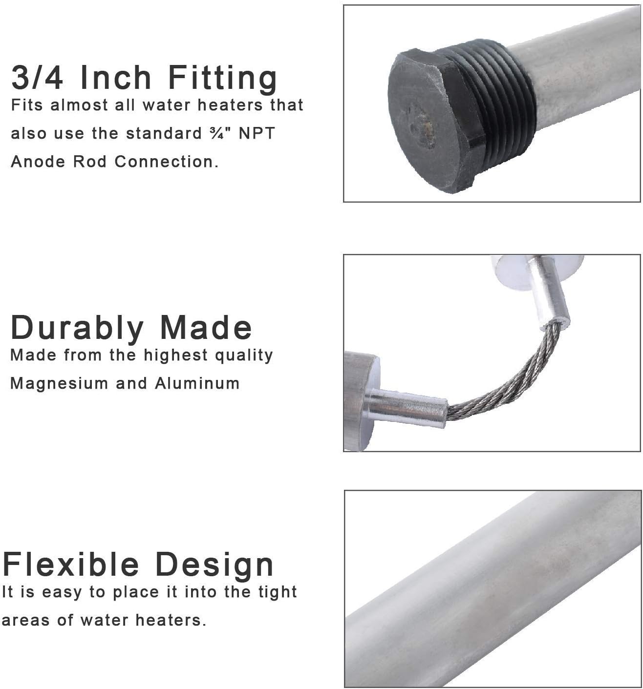 Podoy Magnesium Anode Rod, Magnesium Flexible Water Heater Anode Rod  for Hot Water Heaters 3/4 inch NPT Thread, Hex Plug, 44&s;&s; Long