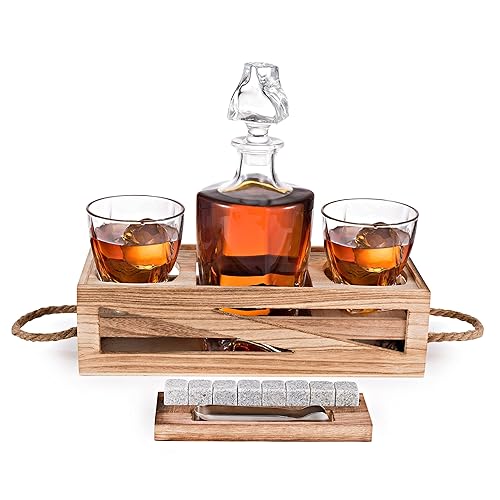 Bezrat Whiskey Decanter Gift Set - Husband Birthday Gifts Chilling Rocks Stones Scotch Bourbon Holder - 2 Whiskey Glasses - Perfect Whi
