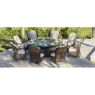 Moda Furnishings 9-Piece Outdoor Wicker Gas Fire Pit Set Patio Round Table with Chairs