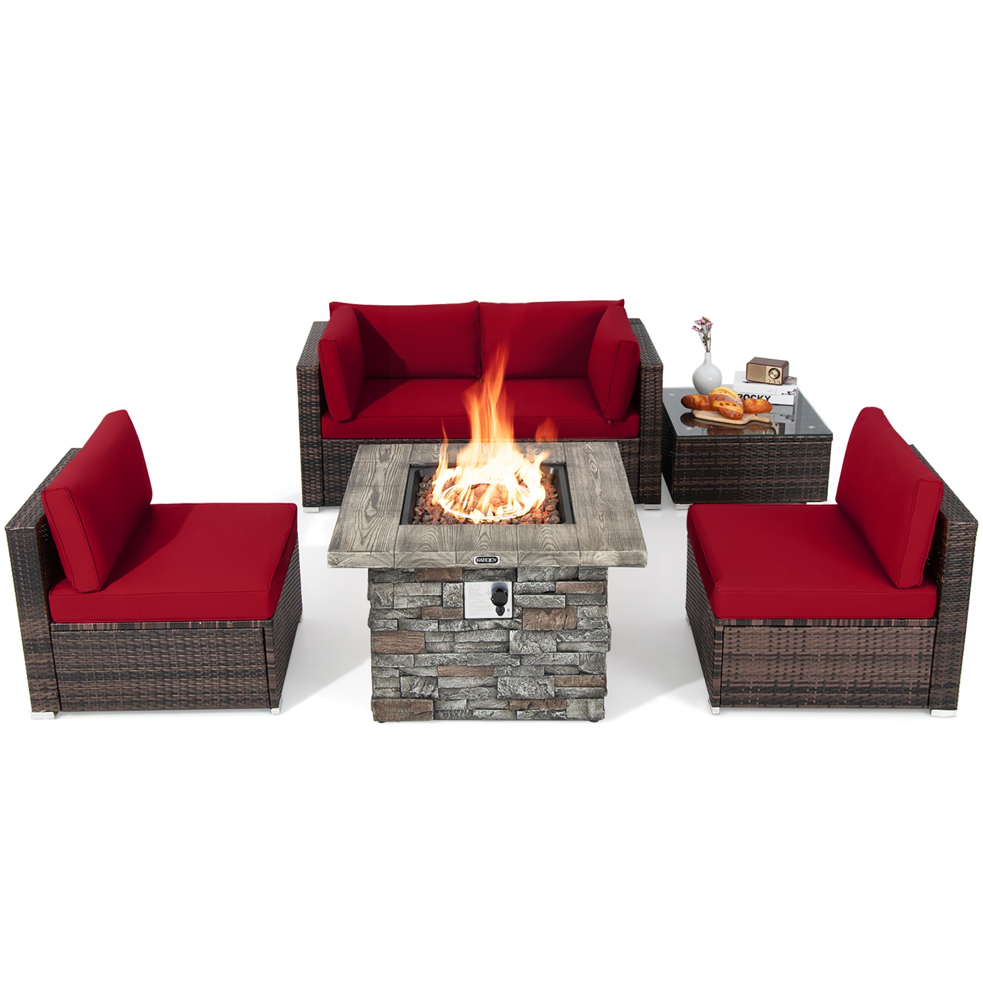 Costway 6 PCS Patio Wicker Furniture Set 34.5&s;&s; Fire Pit Table W/Cover Off White\Black\Navy Blue\Red\Turquoise