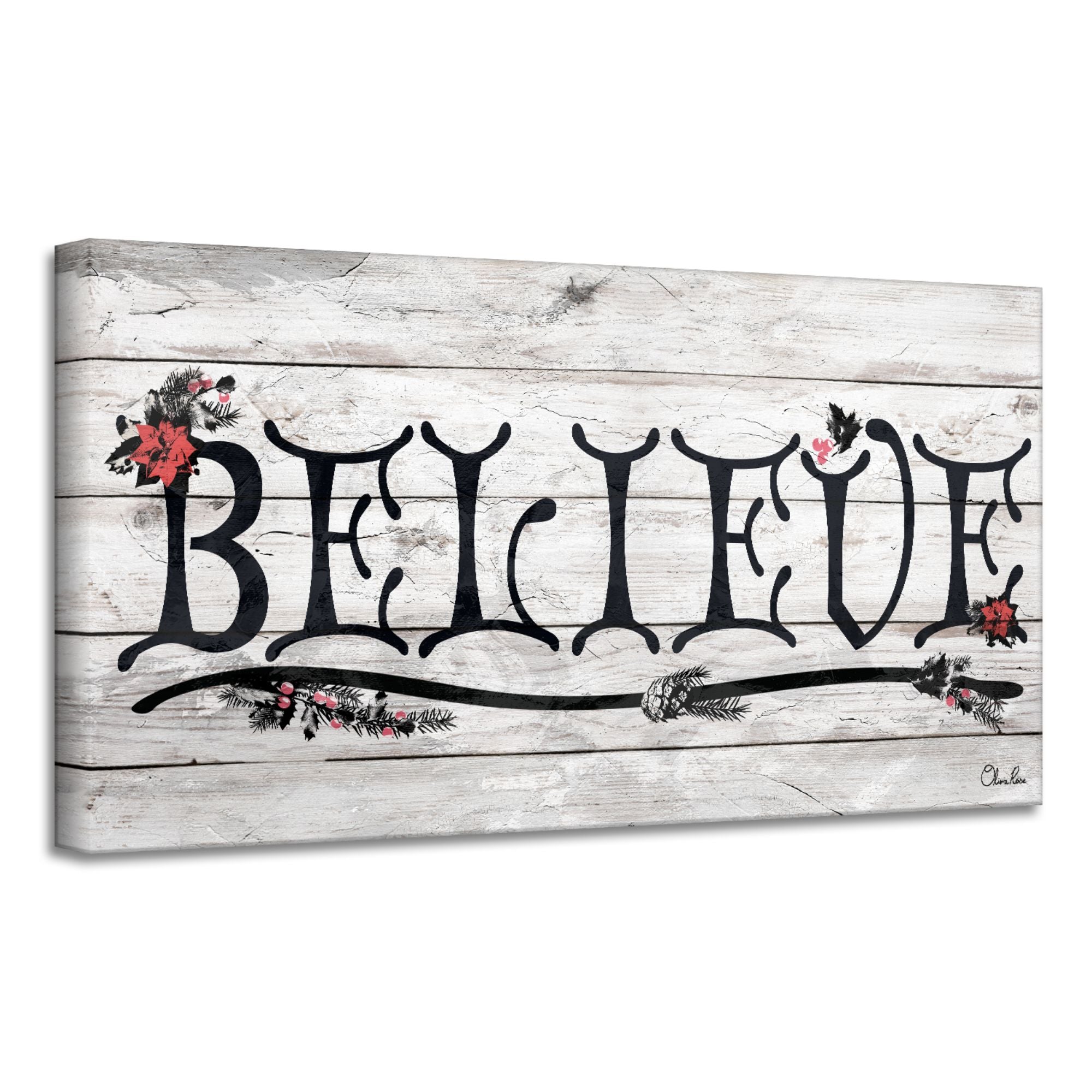 Crafted Creations White and Black &s;BELIEVE&s; III Christmas Canvas Wall Art Decor 12