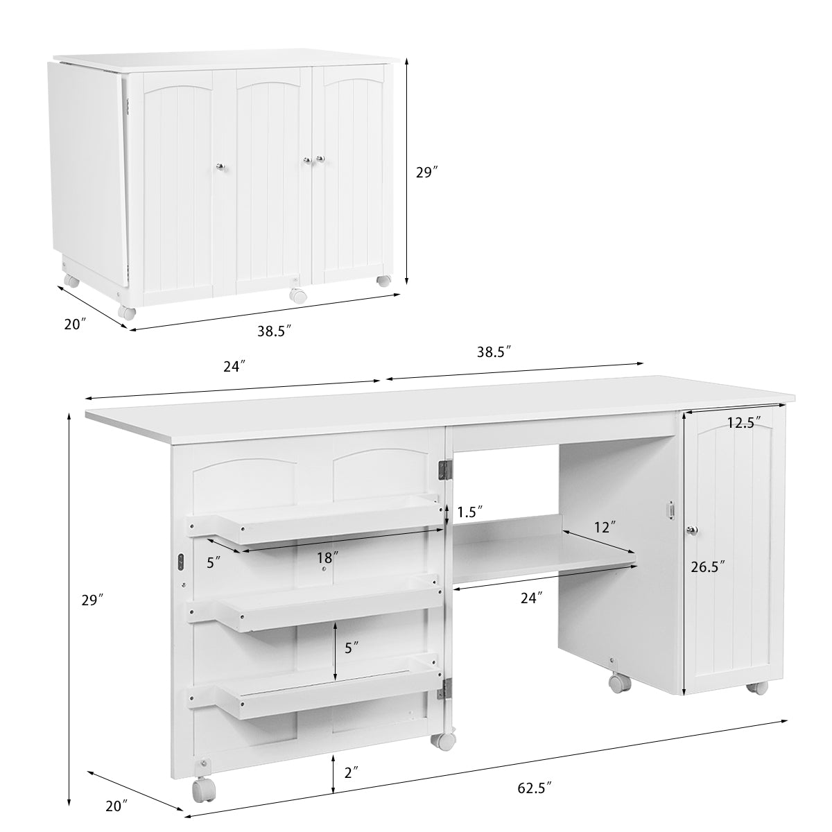 Costway Folding Sewing Table Shelves Storage Cabinet Craft Cart W/Wheels Large White