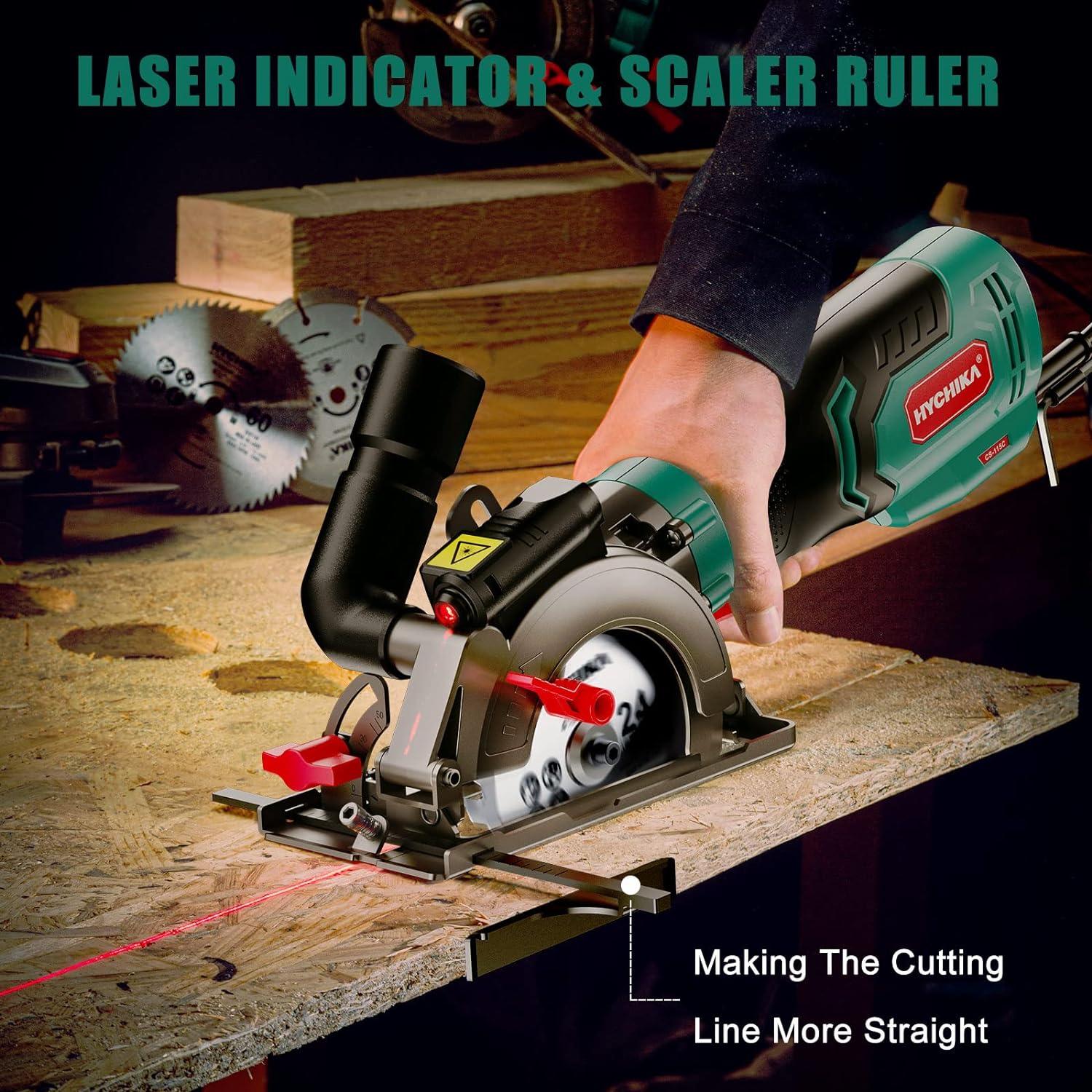 HYCHIKA Circular Saw, HYCHIKA 6.2A Electric Mini Circular Saw, Laser Guide, 6 Blades (4-1/2”), Max Cutting Depth 1-11/16&s;&s; (90°)