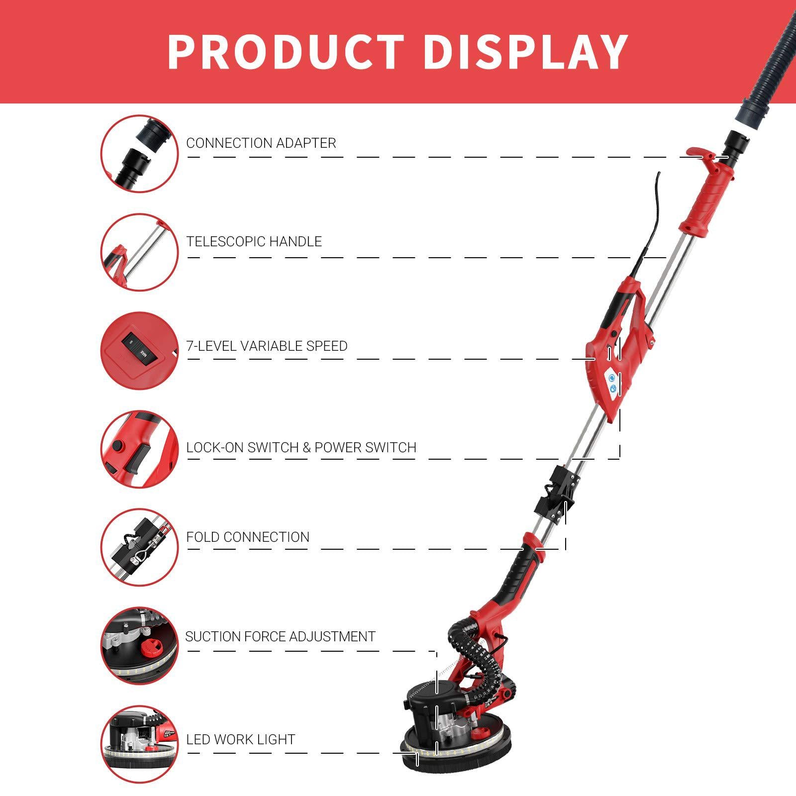 yattich drywall sander, 750w electric sander with 12 pcs sanding discs, 7 variable speed 800-1750 rpm wall sander with extend
