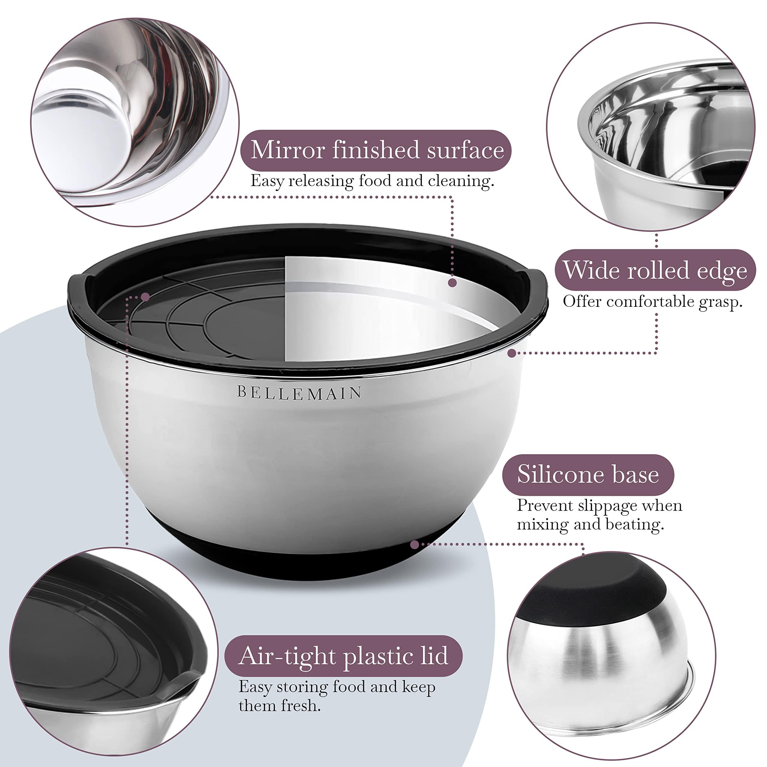 bellemain stainless steel non-slip mixing bowls with lids (5 piece, silver/black)