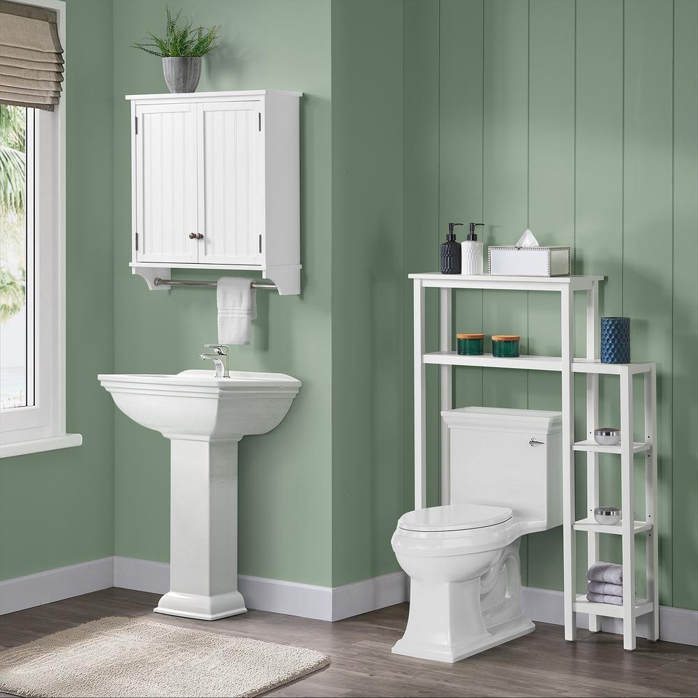 Bolton Furniture Dover Over Toilet Organizer with Side Shelving, Wall Mounted Bathroom Storage Cabinet with 2 Doors and Towel Rod