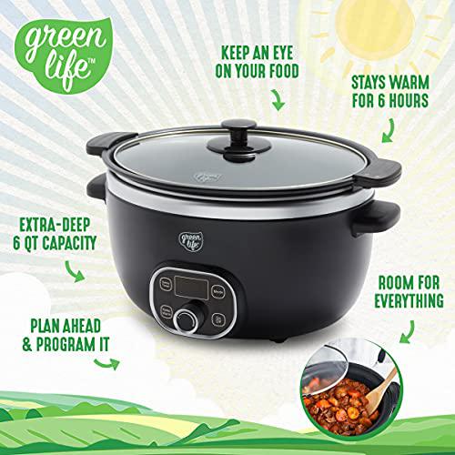 greenlife cook duo healthy ceramic nonstick 6qt slow cooker, pfas-free, digital timer, dishwasher safe parts, black