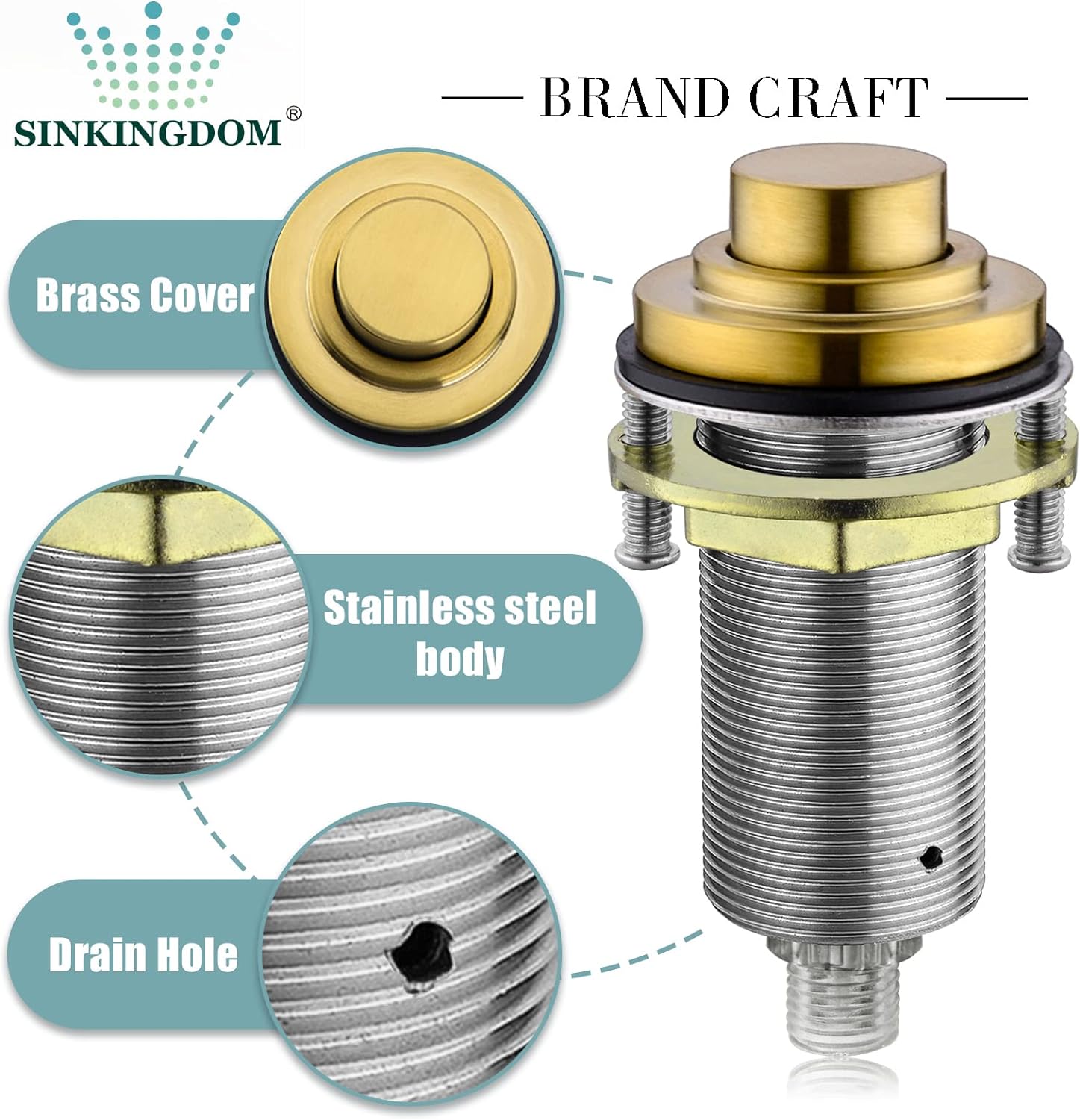 SINKINGDOM SinkTop Air Switch Kit with Brass Gold Long Button (Full Brass) for Garbage Disposal