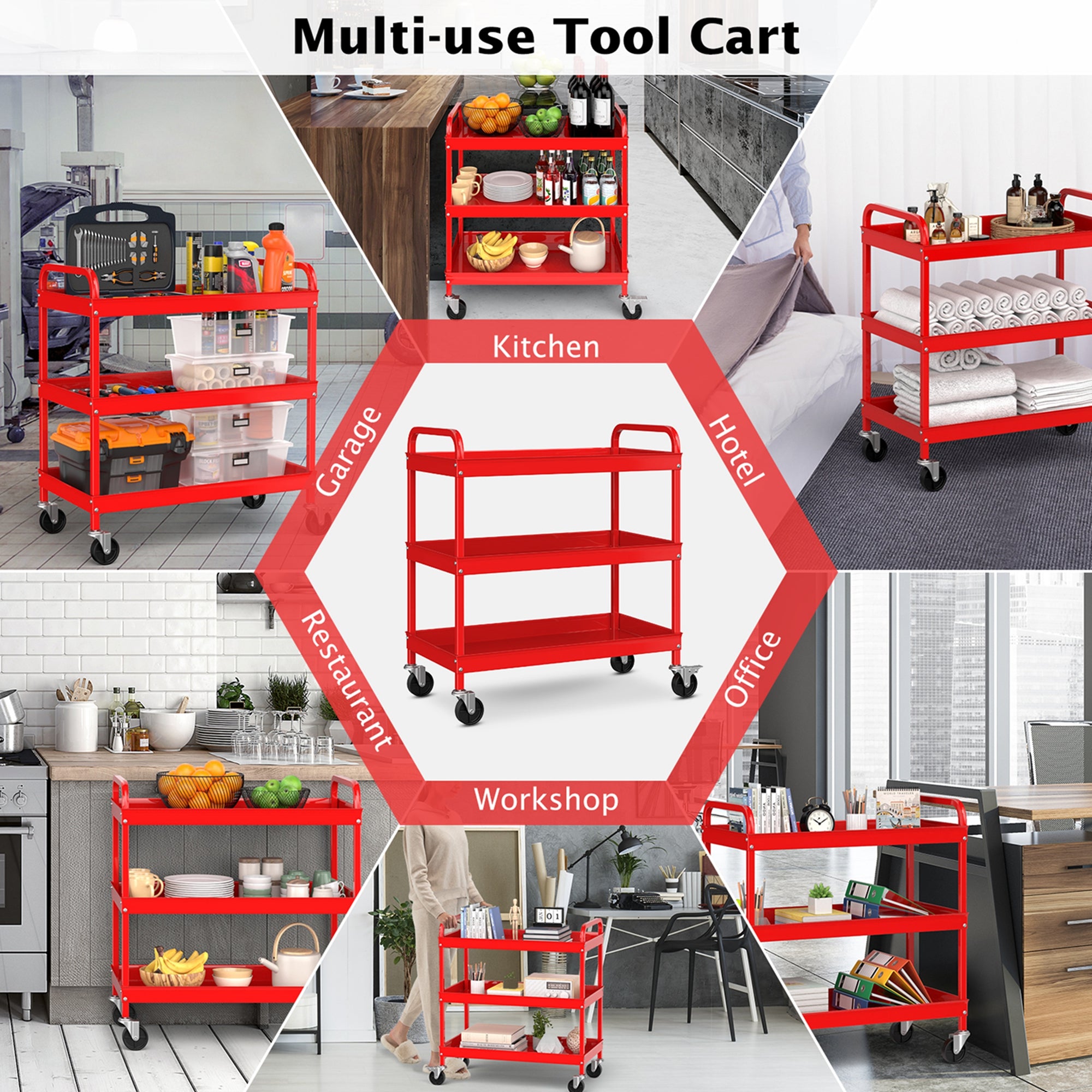 Costway 3-Tier Metal Utility Cart 400 lbs Storage Service Trolley Tool Storage Red