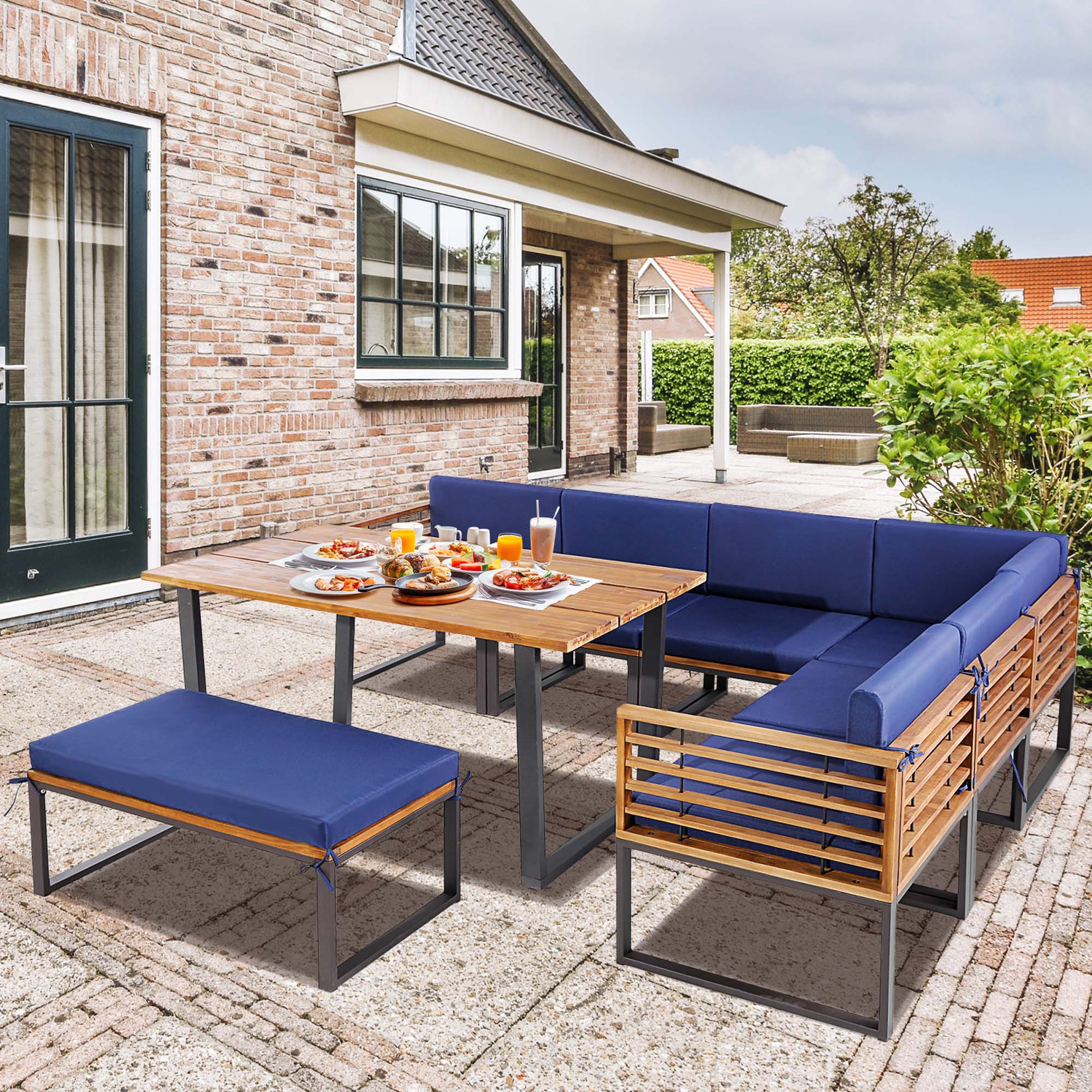 Costway 8pcs Patio Acacia Wood Dining Table &a; Ottoman Sofa Chair Set Outdoor Furniture