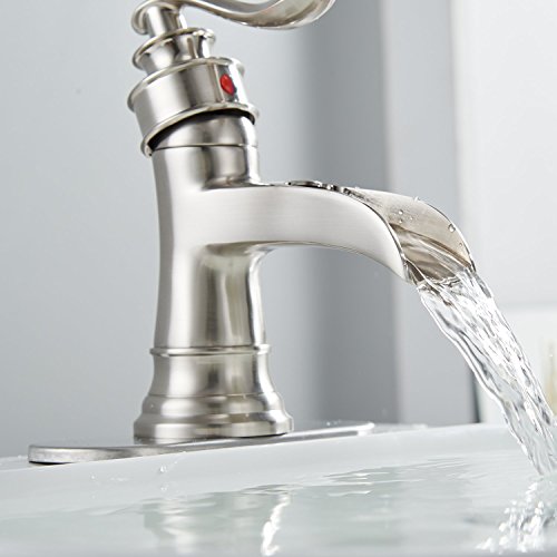Homevacious Waterfall Bathroom Faucet Bath Brushed Nickel Farmhouse Sink Vanity Single Handle Satin Faucets Lavatory One Hole Lever Basin Mi