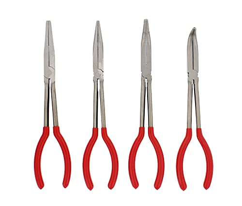 ABN Long Reach 11in Plier 4-Piece Set ?90-Degree Angle, 45-Degree Angle, Straight Needle Nose, and Duckbill Pliers