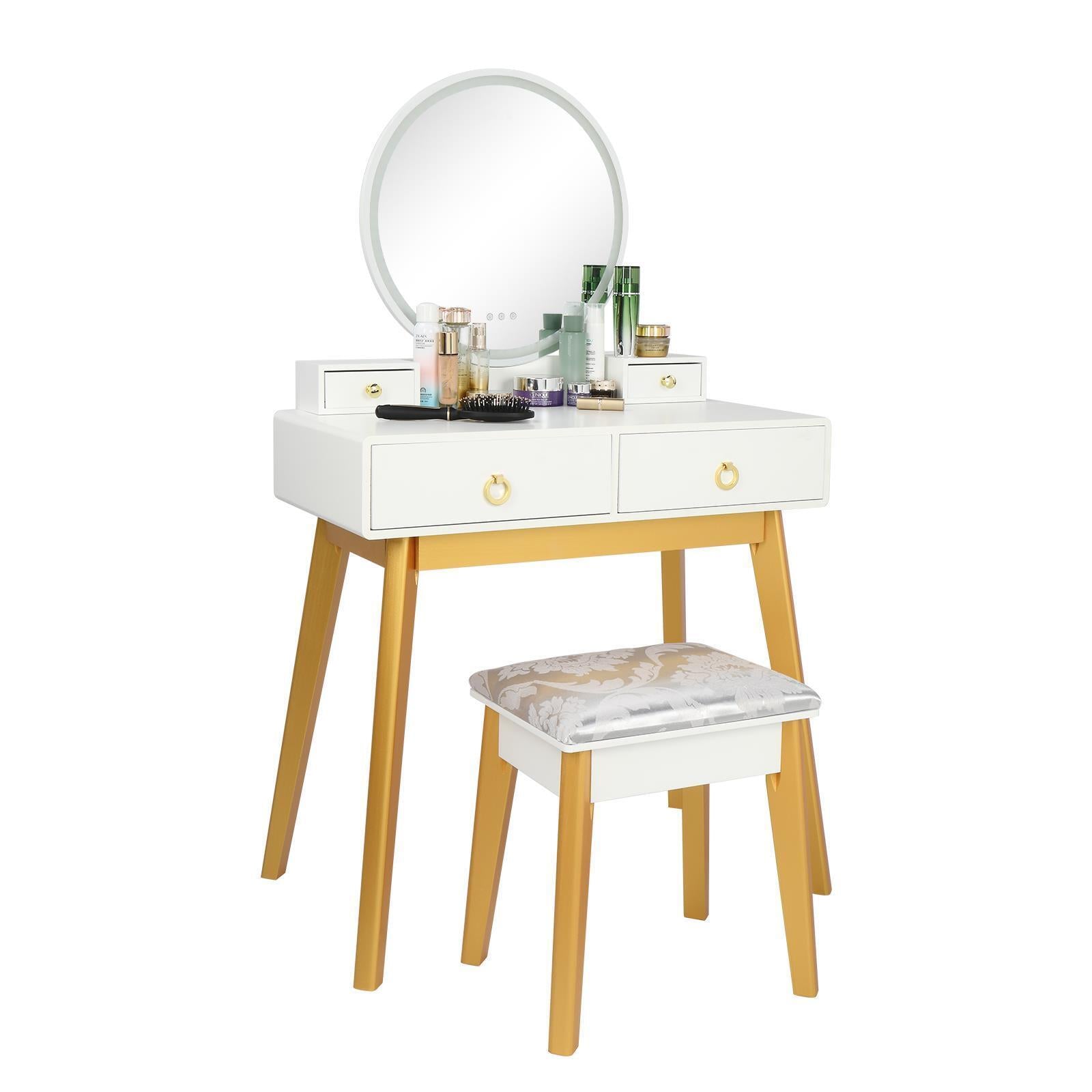 Great Choice Products Makeup Vanity Table Set W/Round Mirror Stool &a; 4 Drawers Black Dressing Desk