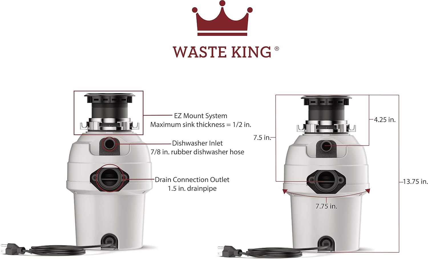 Waste King L-3200 Garbage Disposal with Power Cord, 3/4 HP , Gray