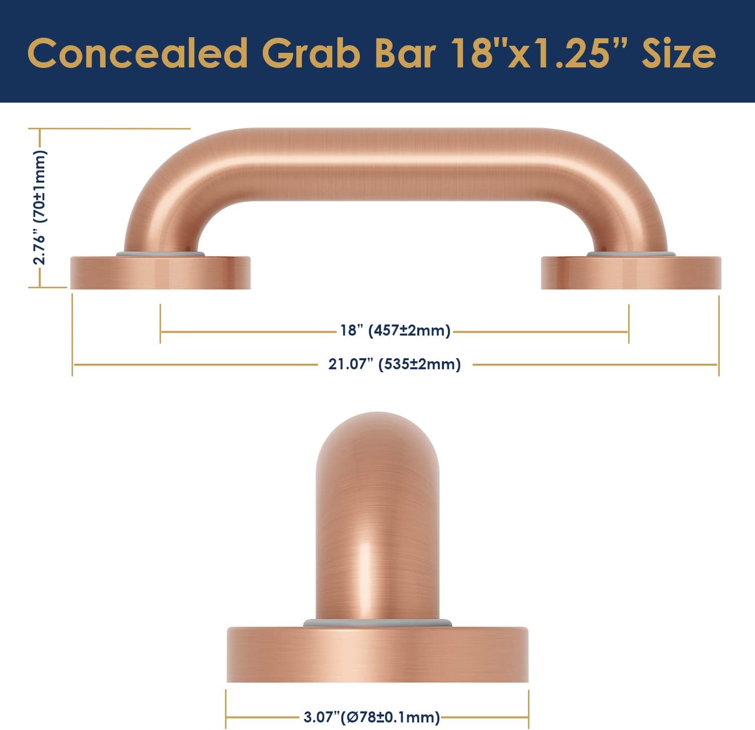 evekare Premium Extra Strength Grab Bar for Bathtubs and Showers | Stainless Steel Brushed Rose Gold 18 inch - 1.25 Diameter |