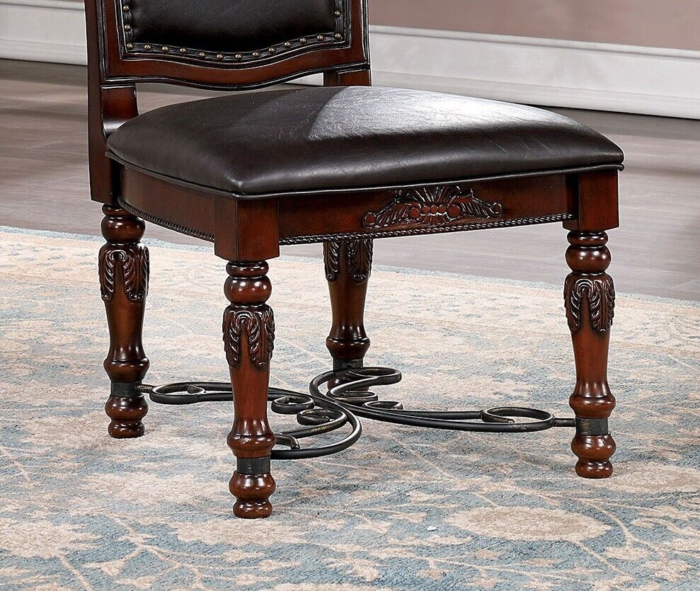 Esofastore Formal Traditional Brown Cherry Solid wood 6pcs Dining Chairs Faux Wood Carved Black Leatherette Seats Dining Room Chair