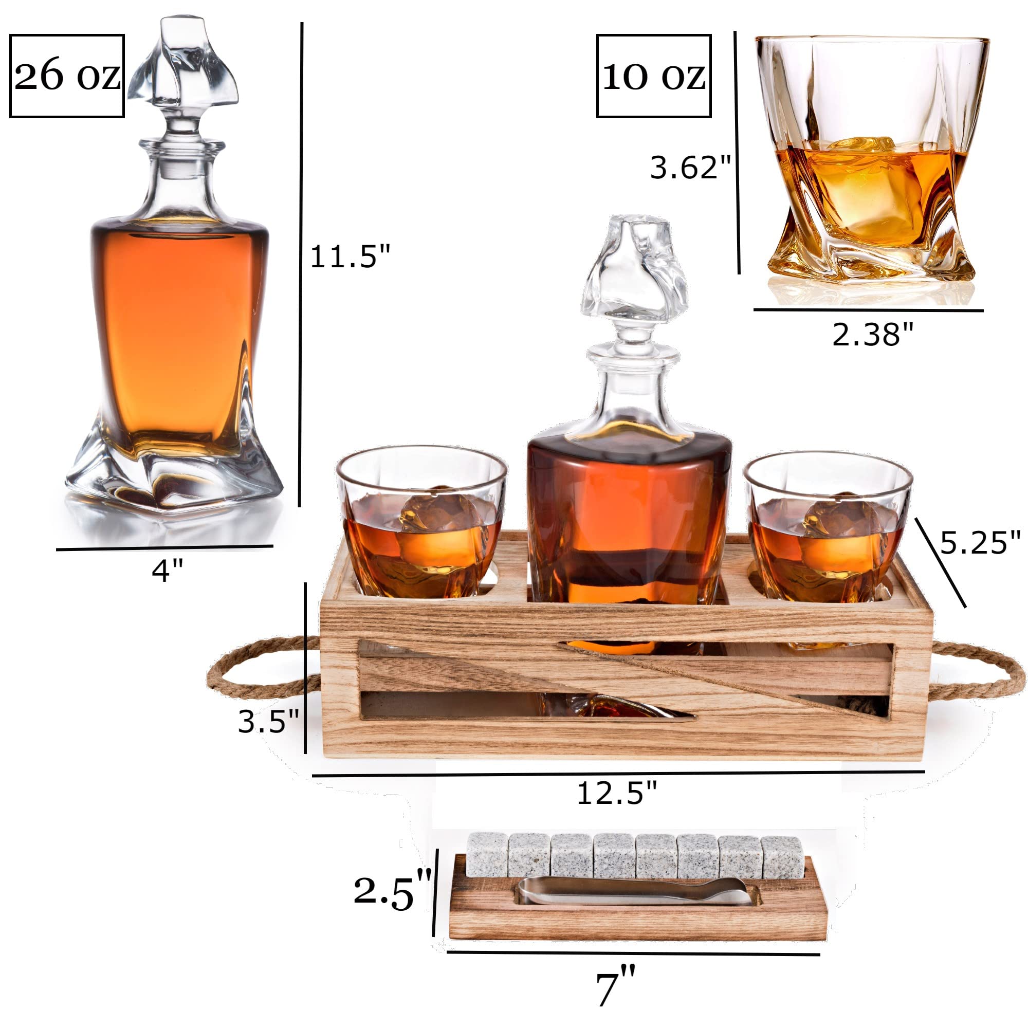 Bezrat Whiskey Decanter Gift Set - Husband Birthday Gifts Chilling Rocks Stones Scotch Bourbon Holder - 2 Whiskey Glasses - Perfect Whi